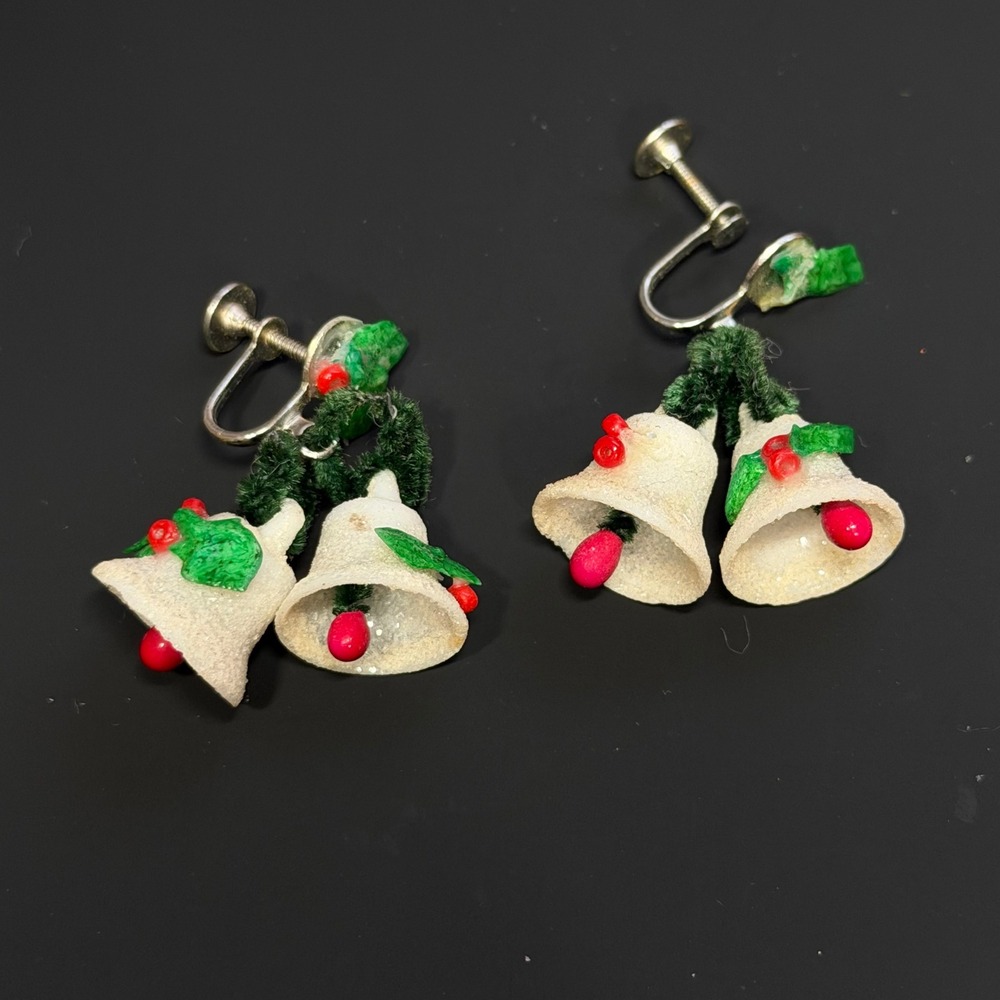 Christmas Bell Screw Back Earrings Holly Berry Glitter Holiday Dangle Vintage